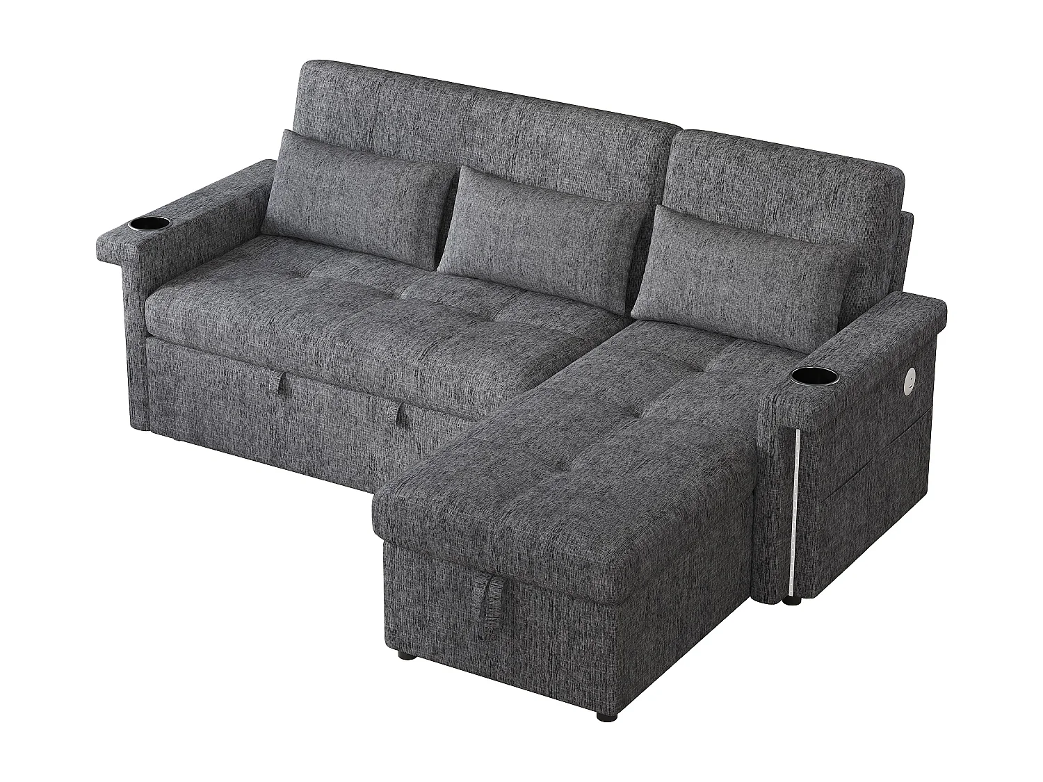 Canapé d'angle 3 places - convertible en lit - avec éclairage LED + USB - dossier réglable avec coussins - Chenil - gris