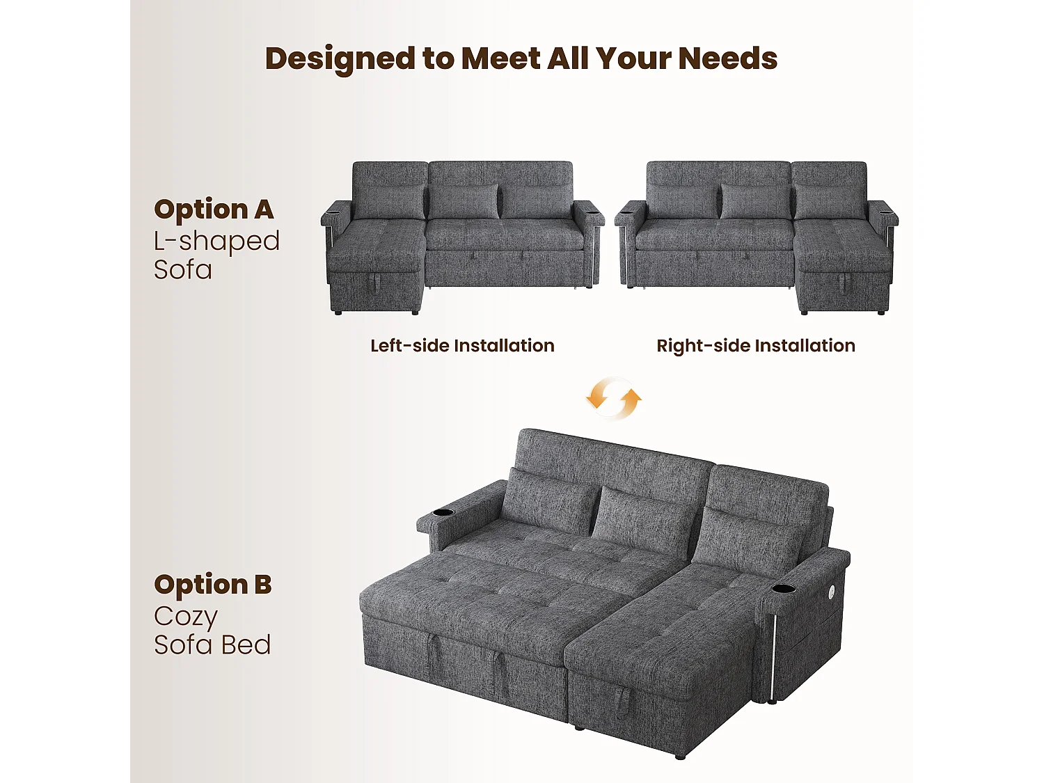 Canapé d'angle 3 places - convertible en lit - avec éclairage LED + USB - dossier réglable avec coussins - Chenil - gris