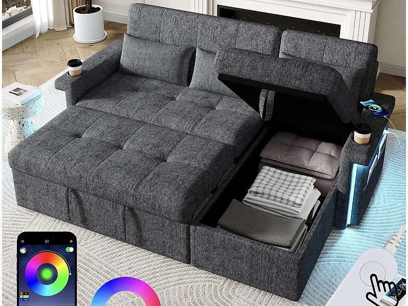 Canapé d'angle 3 places - convertible en lit - avec éclairage LED + USB - dossier réglable avec coussins - Chenil - gris