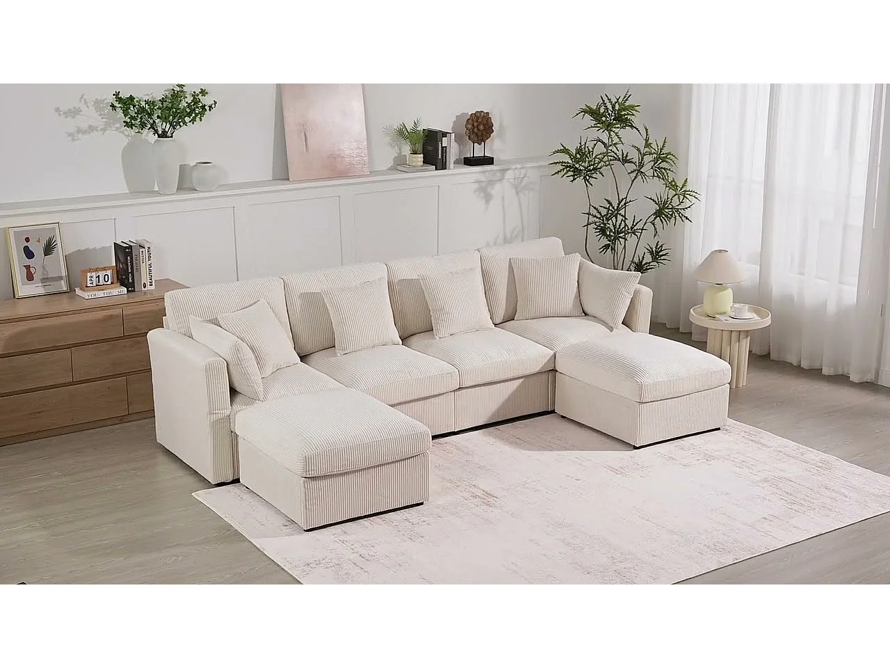 Canapé d'angle en forme de U - 6 places - avec accoudoirs réglables - avec repose-pieds amovible - Velours côtelé - beige