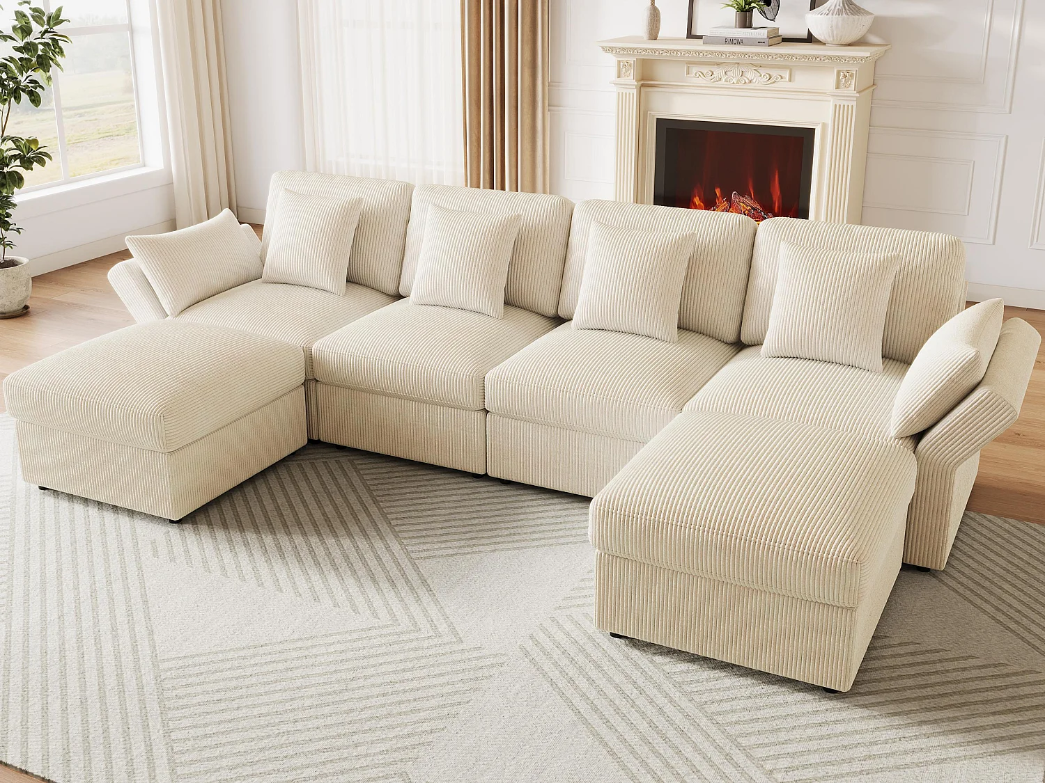 Canapé d'angle en forme de U - 6 places - avec accoudoirs réglables - avec repose-pieds amovible - Velours côtelé - beige