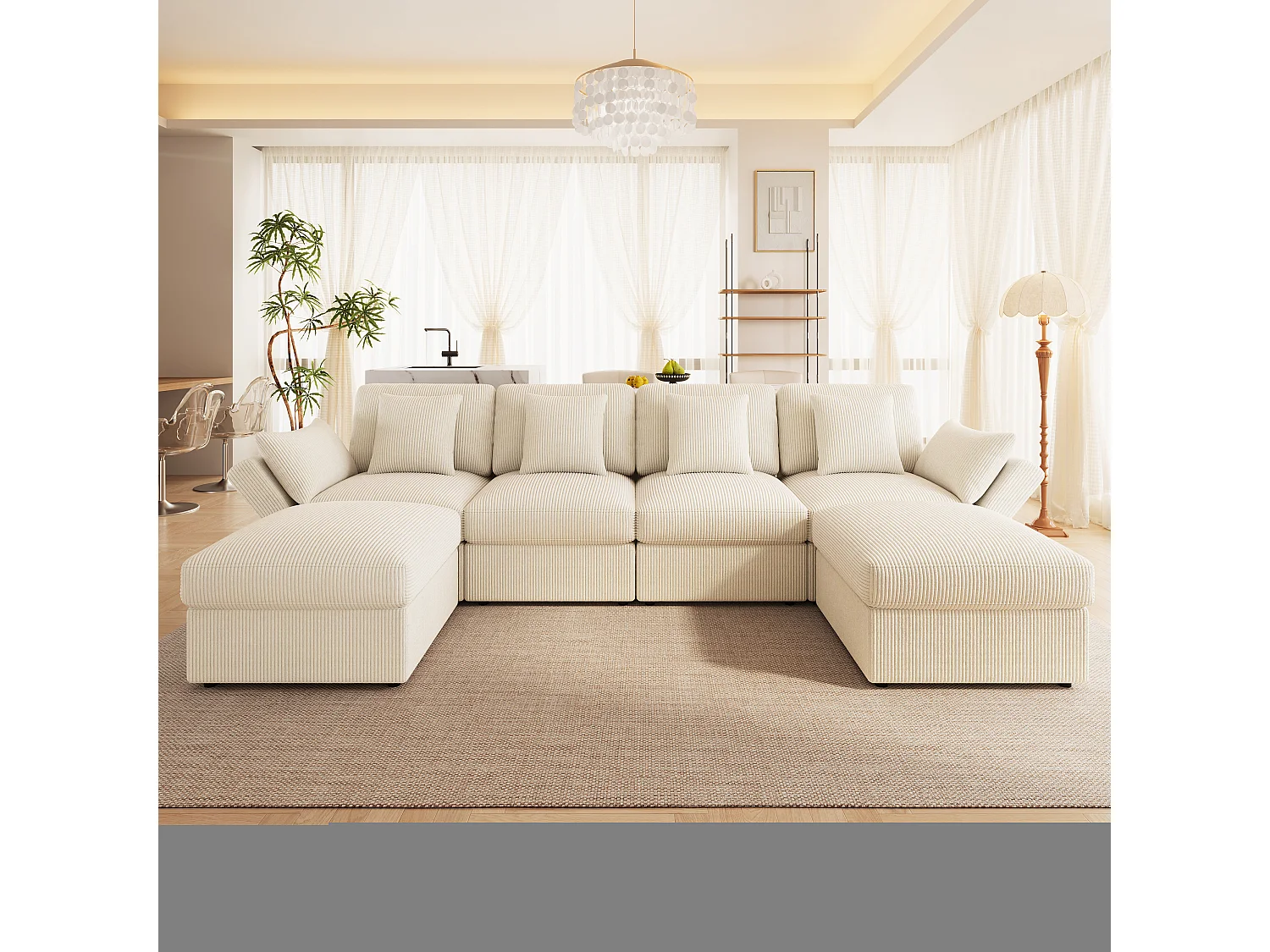 Canapé d'angle en forme de U - 6 places - avec accoudoirs réglables - avec repose-pieds amovible - Velours côtelé - beige