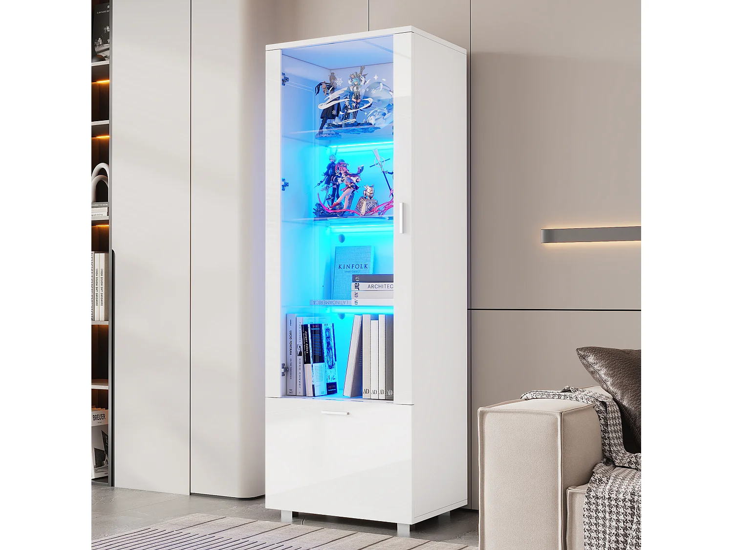 Vitrine brillantes avec portes en acrylique - 50 x 40 x 160 cm - avec Leds + 3 étagères - Acrylique + aggloméré - blanc