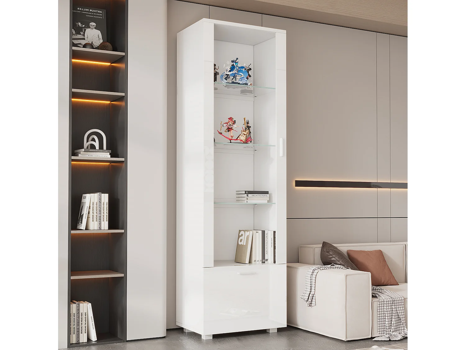 Vitrine brillantes avec portes en acrylique - 50 x 40 x 160 cm - avec Leds + 3 étagères - Acrylique + aggloméré - blanc