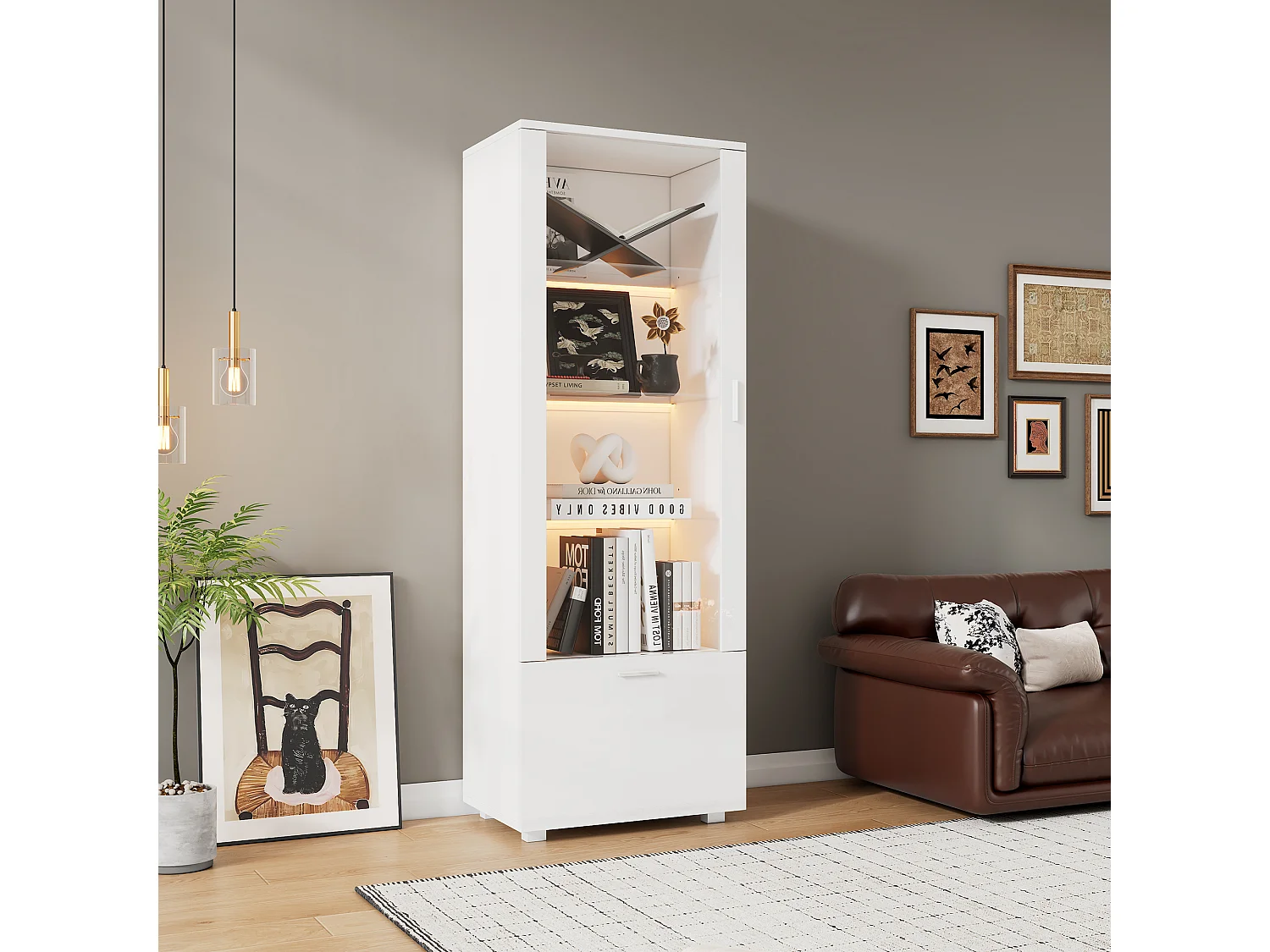 Vitrine brillantes avec portes en acrylique - 50 x 40 x 160 cm - avec Leds + 3 étagères - Acrylique + aggloméré - blanc