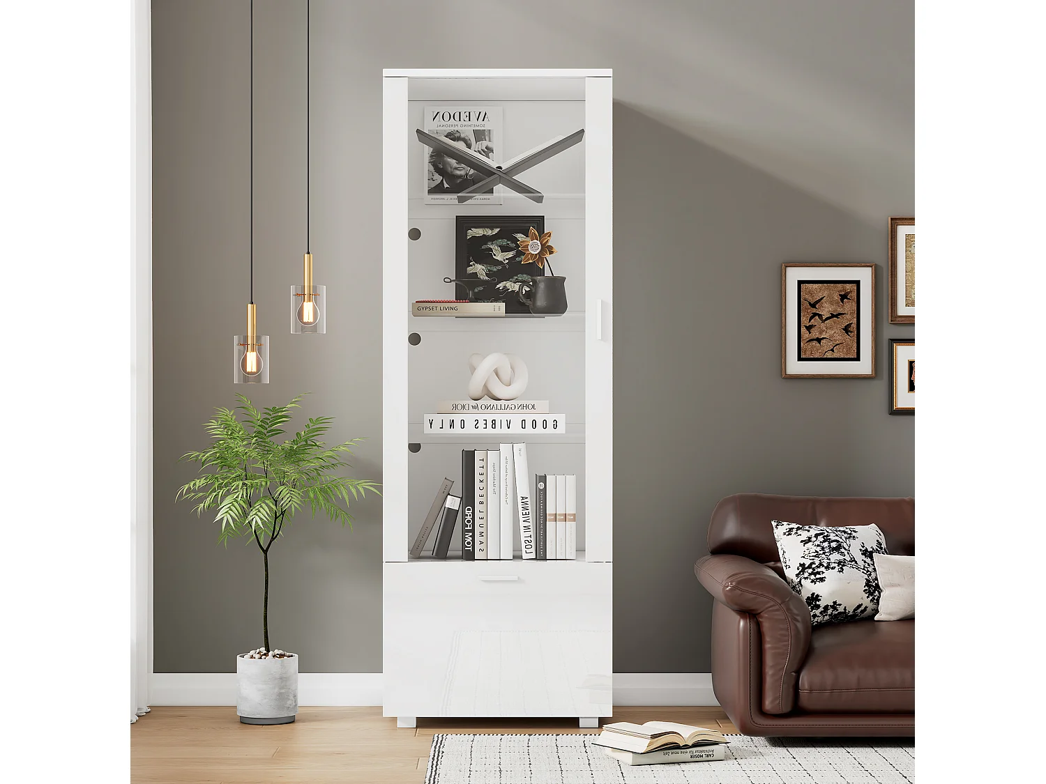 Vitrine brillantes avec portes en acrylique - 50 x 40 x 160 cm - avec Leds + 3 étagères - Acrylique + aggloméré - blanc