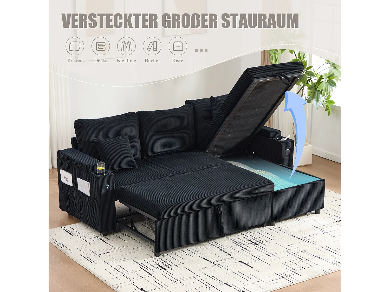 Canapé convertible 3 places - 212.5 x 136 x 86 cm - avec porte-gobelets + USB + rangement - canapé gigogne - lin - noir