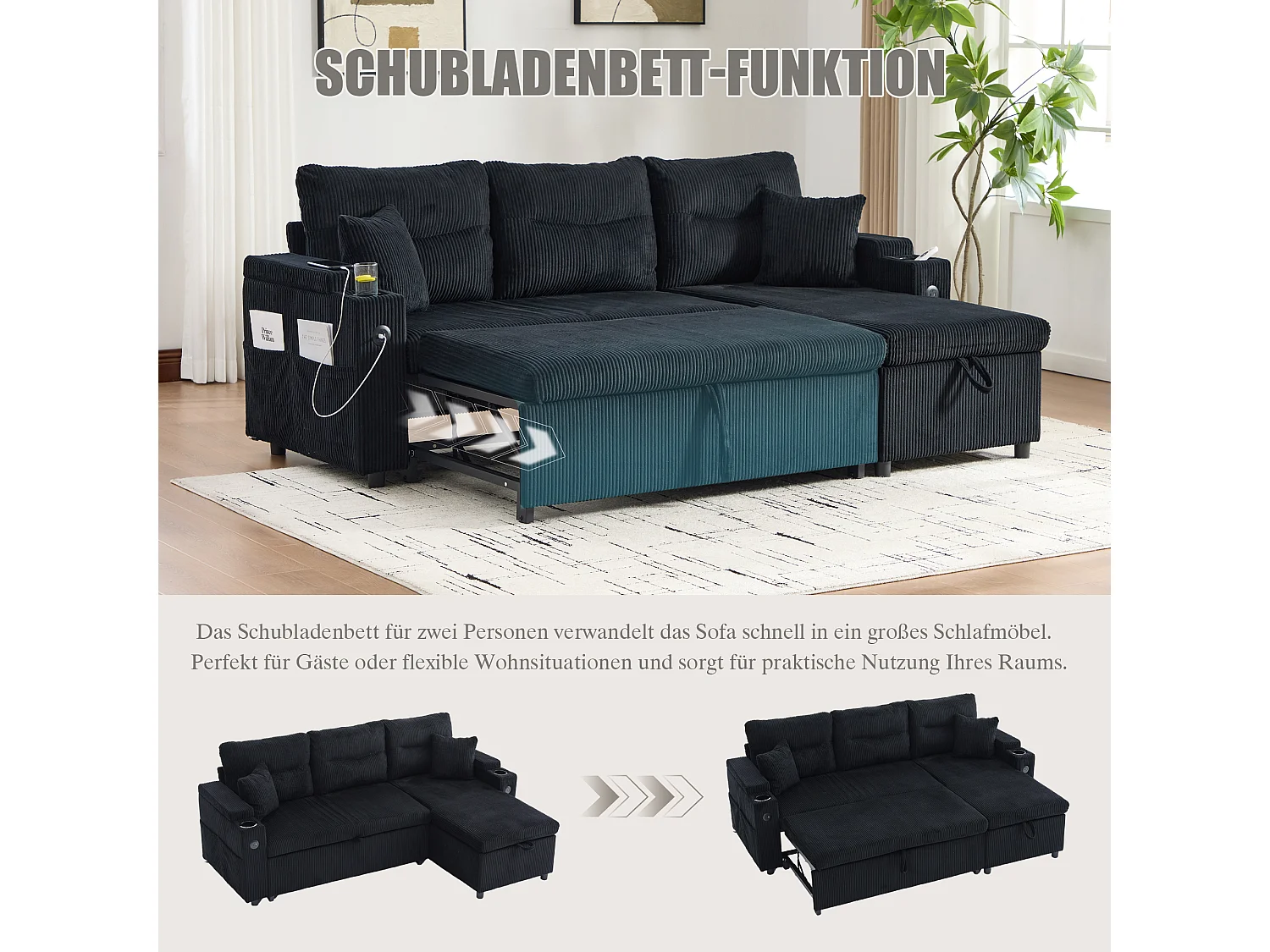 Canapé convertible 3 places - 212.5 x 136 x 86 cm - avec porte-gobelets + USB + rangement - canapé gigogne - lin - noir