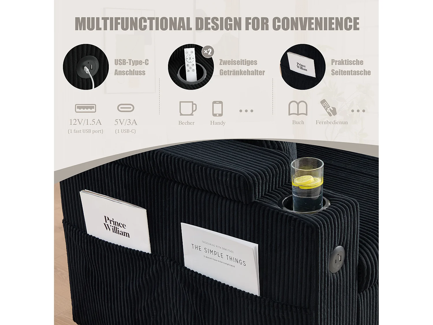 Canapé convertible 3 places - 212.5 x 136 x 86 cm - avec porte-gobelets + USB + rangement - canapé gigogne - lin - noir