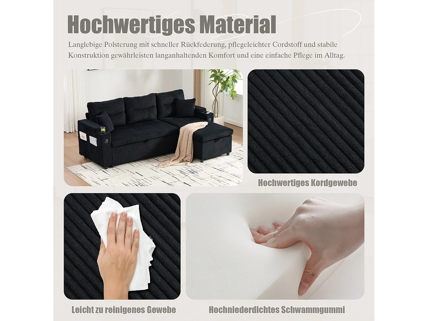 Canapé convertible 3 places - 212.5 x 136 x 86 cm - avec porte-gobelets + USB + rangement - canapé gigogne - lin - noir