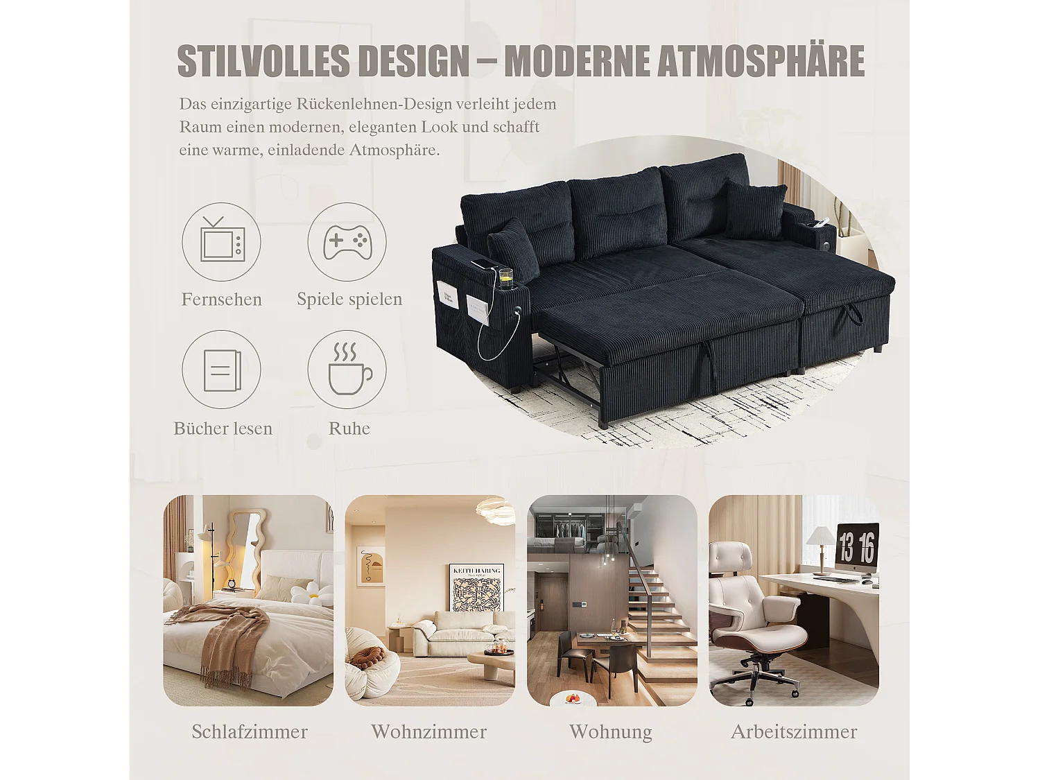 Canapé convertible 3 places - 212.5 x 136 x 86 cm - avec porte-gobelets + USB + rangement - canapé gigogne - lin - noir