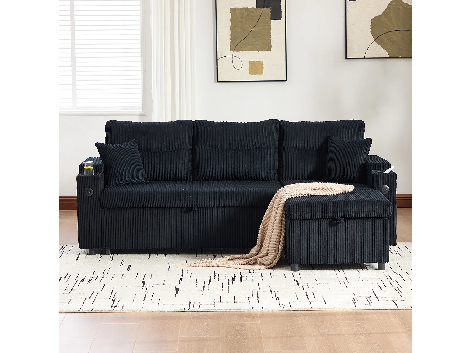 Canapé convertible 3 places - 212.5 x 136 x 86 cm - avec porte-gobelets + USB + rangement - canapé gigogne - lin - noir