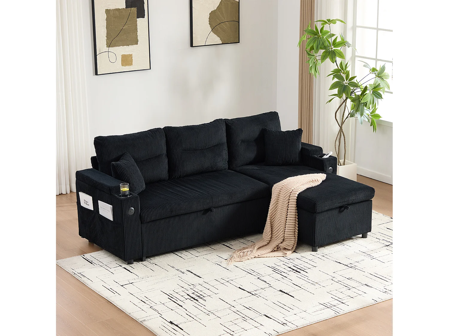 Canapé convertible 3 places - 212.5 x 136 x 86 cm - avec porte-gobelets + USB + rangement - canapé gigogne - lin - noir