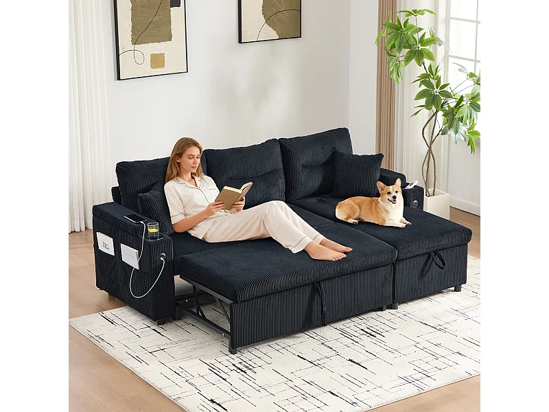 Canapé convertible 3 places - 212.5 x 136 x 86 cm - avec porte-gobelets + USB + rangement - canapé gigogne - lin - noir