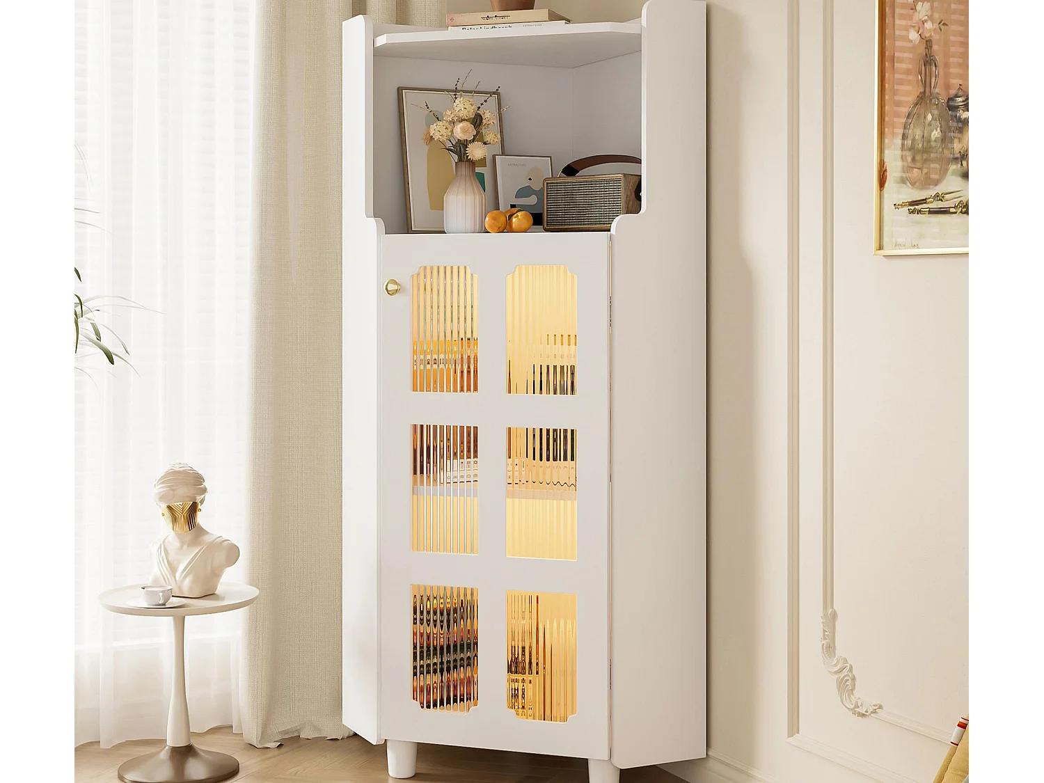 Badezimmer-Ecksäule - mit LED-Beleuchtung - mit 1 Tür - mit 2 Regalböden - mit offenen Regalen - weiß