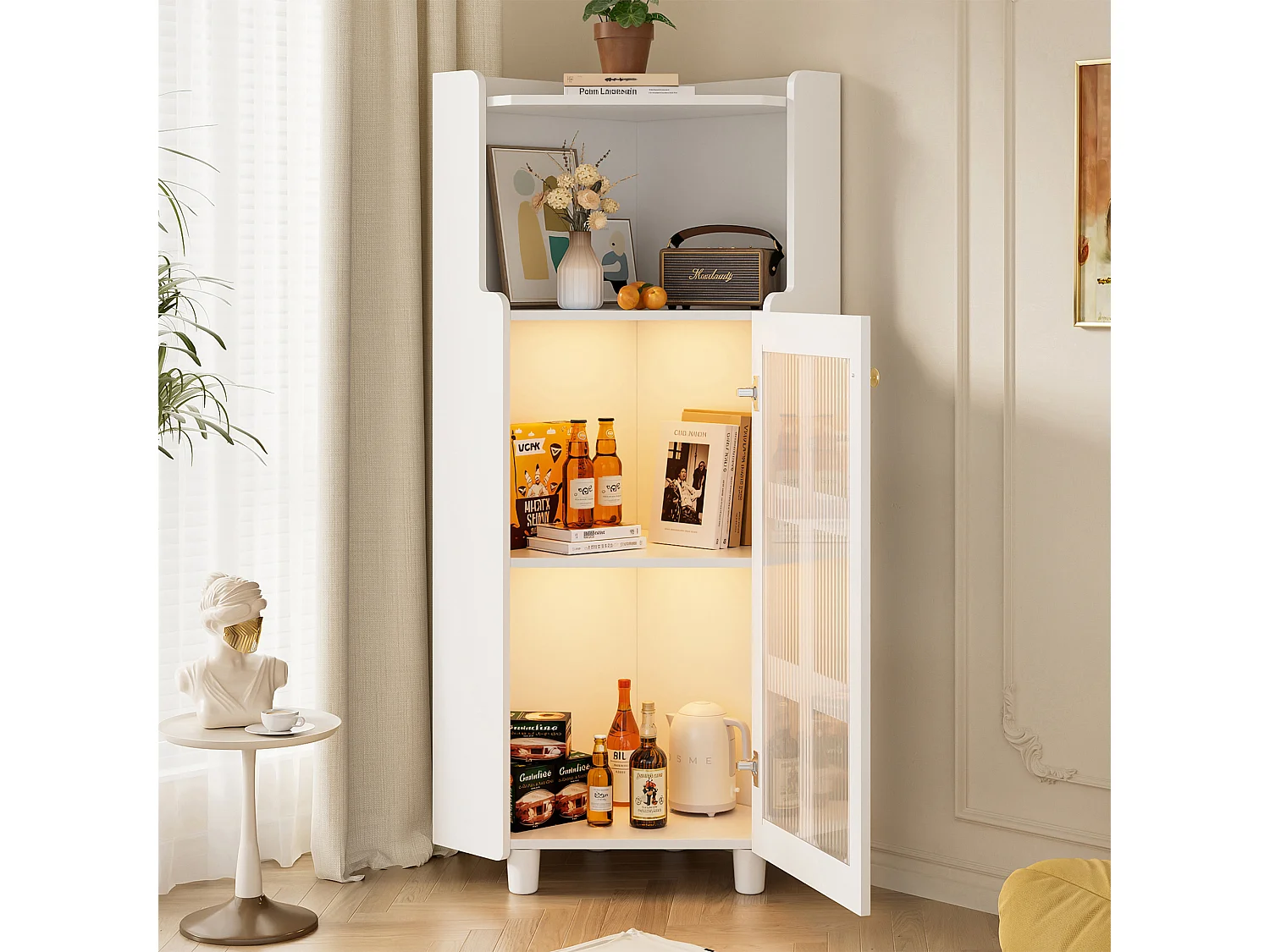 Badezimmer-Ecksäule - mit LED-Beleuchtung - mit 1 Tür - mit 2 Regalböden - mit offenen Regalen - weiß