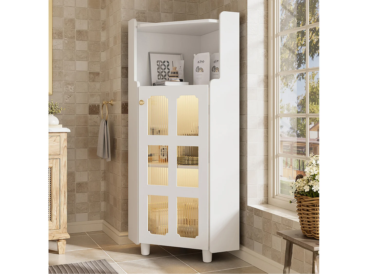 Badezimmer-Ecksäule - mit LED-Beleuchtung - mit 1 Tür - mit 2 Regalböden - mit offenen Regalen - weiß