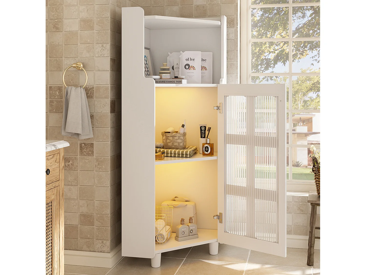 Badezimmer-Ecksäule - mit LED-Beleuchtung - mit 1 Tür - mit 2 Regalböden - mit offenen Regalen - weiß