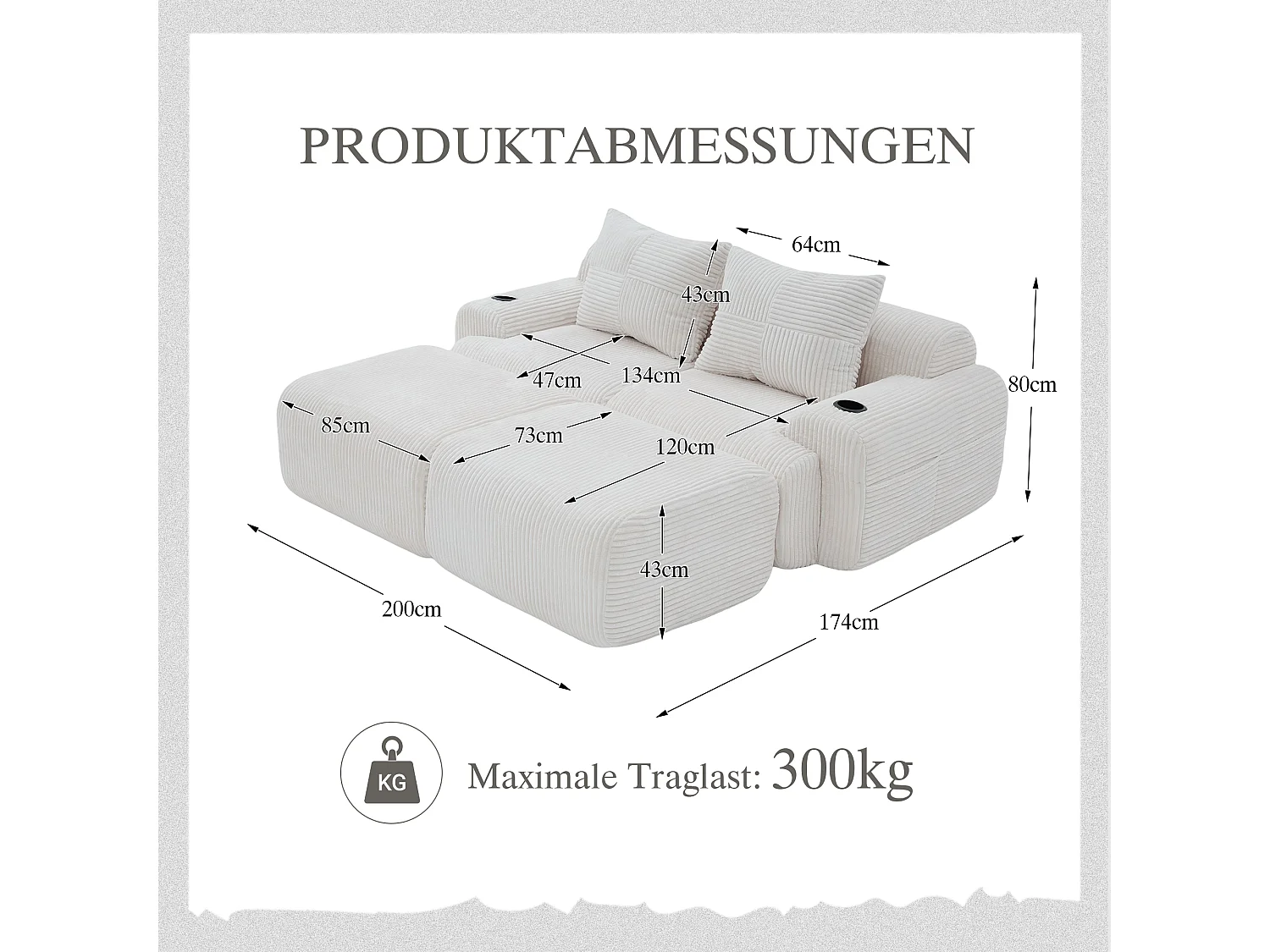 Canapé modulable 2 places - 200 x 174 x 80 cm - avec 2 poufs + porte-gobelets + poche de rangement - velours - beige