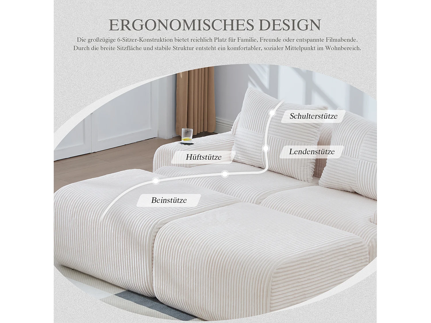 Canapé modulable 2 places - 200 x 174 x 80 cm - avec 2 poufs + porte-gobelets + poche de rangement - velours - beige