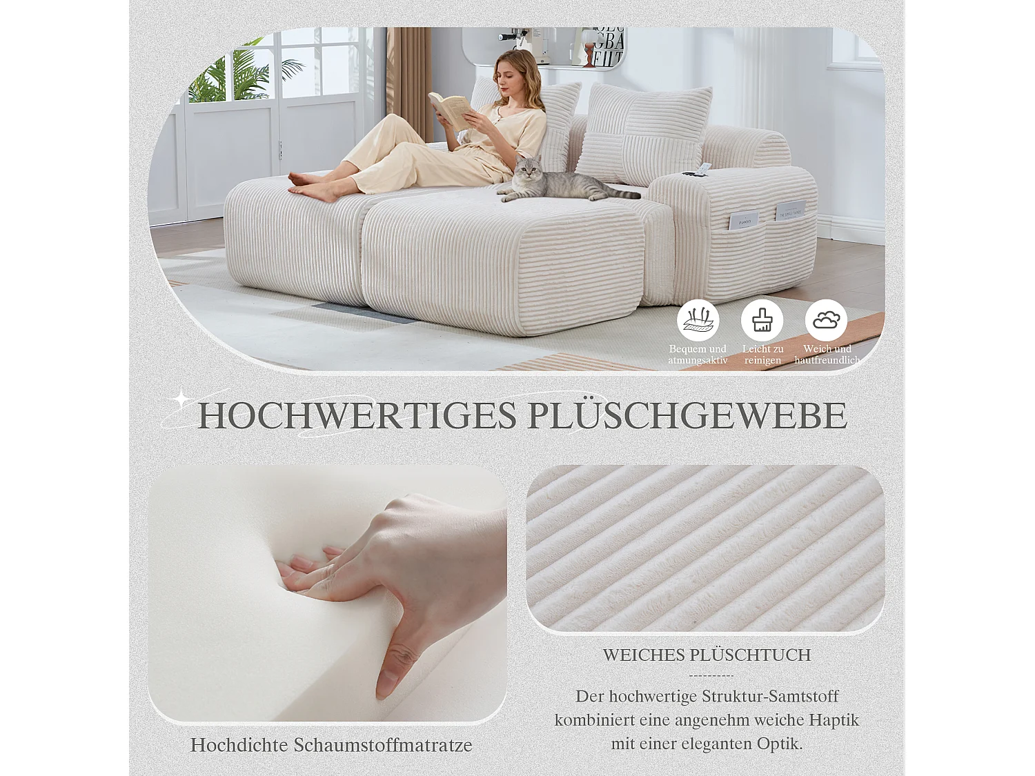 Canapé modulable 2 places - 200 x 174 x 80 cm - avec 2 poufs + porte-gobelets + poche de rangement - velours - beige