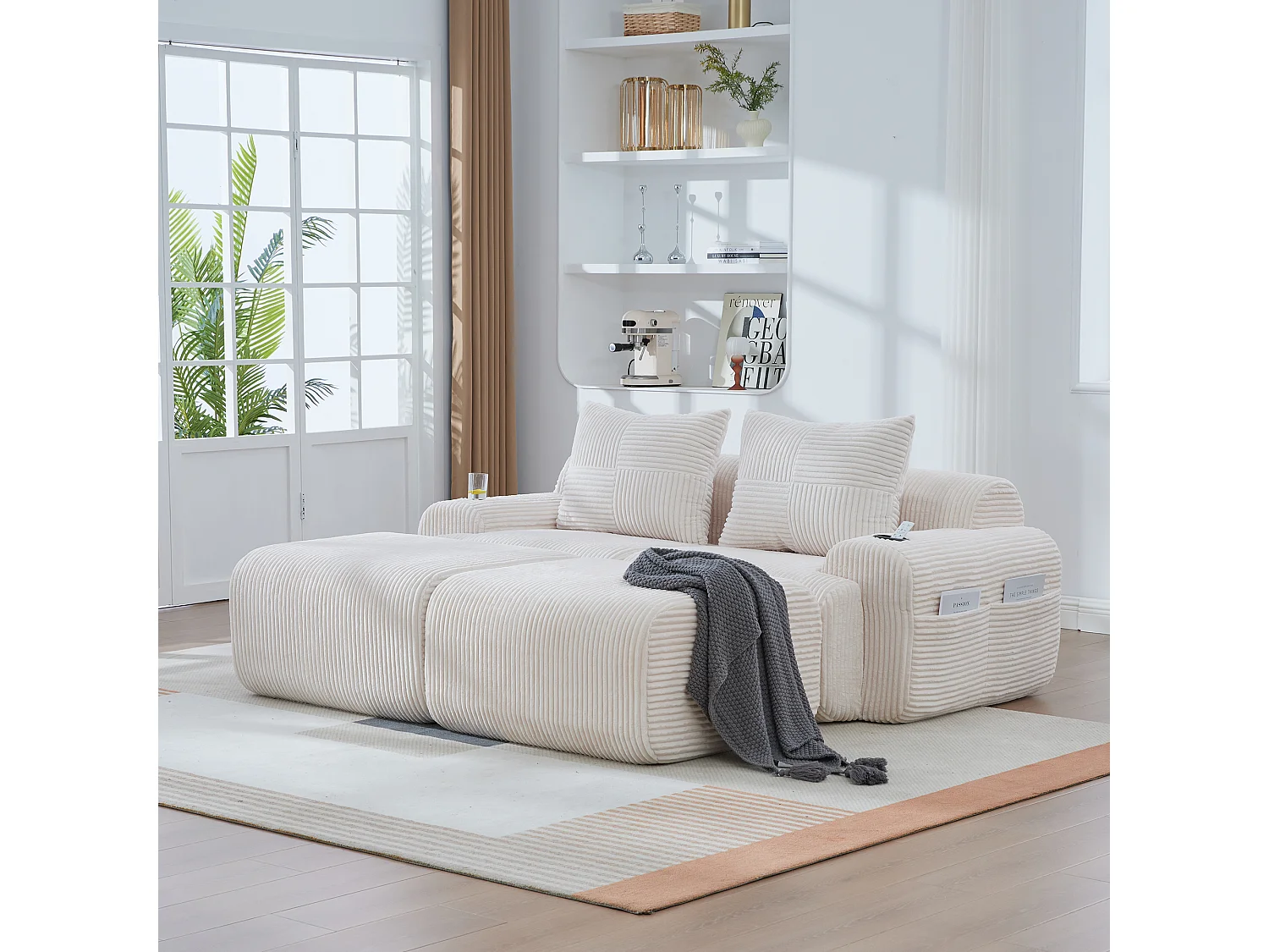 Canapé modulable 2 places - 200 x 174 x 80 cm - avec 2 poufs + porte-gobelets + poche de rangement - velours - beige