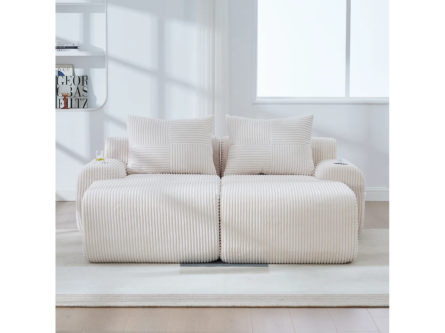 Canapé modulable 2 places - 200 x 174 x 80 cm - avec 2 poufs + porte-gobelets + poche de rangement - velours - beige