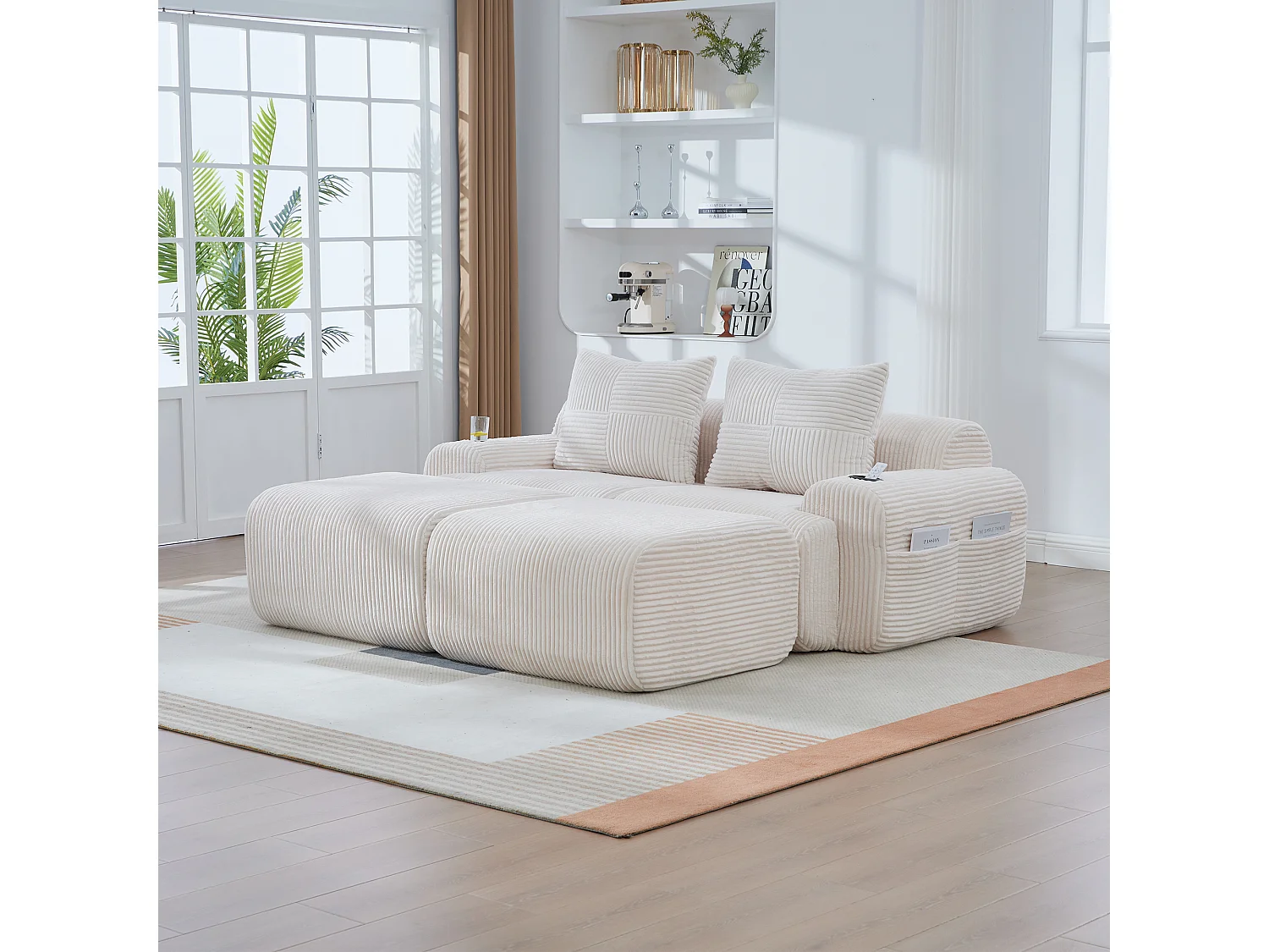 Canapé modulable 2 places - 200 x 174 x 80 cm - avec 2 poufs + porte-gobelets + poche de rangement - velours - beige