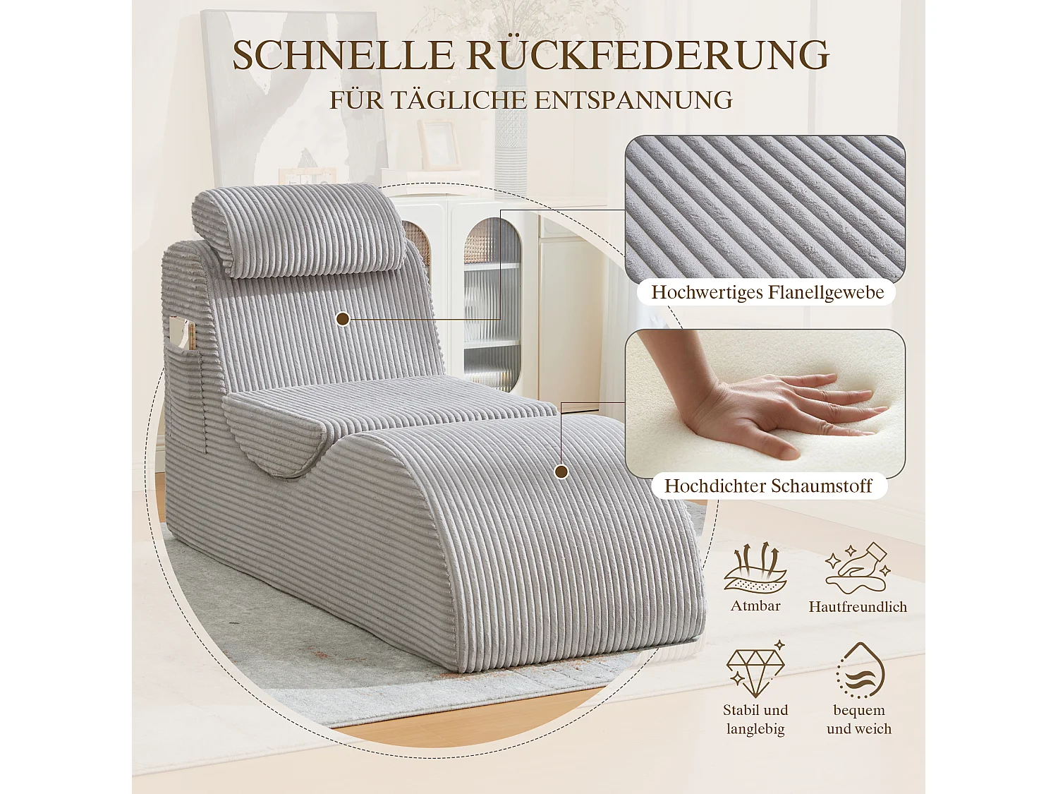 Canapé moderne au design unique et ergonomique - 160 x 66 x 90 cm - avec coussin d'assise amovible - velours - gris clair