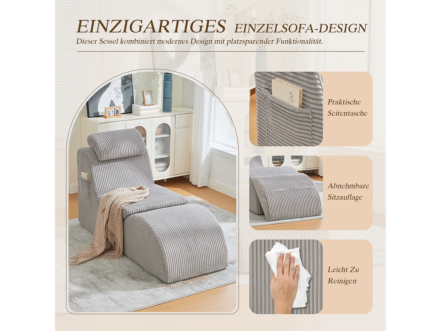 Canapé moderne au design unique et ergonomique - 160 x 66 x 90 cm - avec coussin d'assise amovible - velours - gris clair