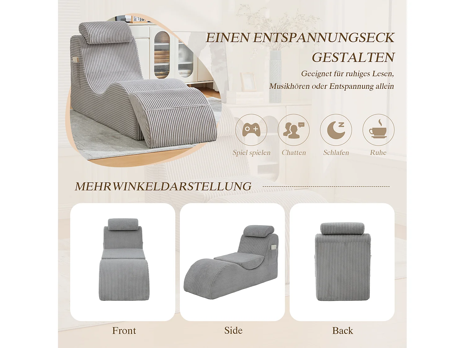Canapé moderne au design unique et ergonomique - 160 x 66 x 90 cm - avec coussin d'assise amovible - velours - gris clair