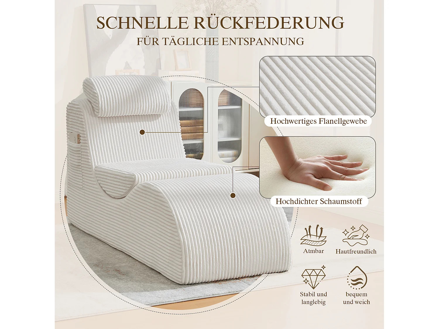 Canapé moderne au design unique et ergonomique - 160 x 66 x 90 cm - avec coussin d'assise amovible - velours - beige