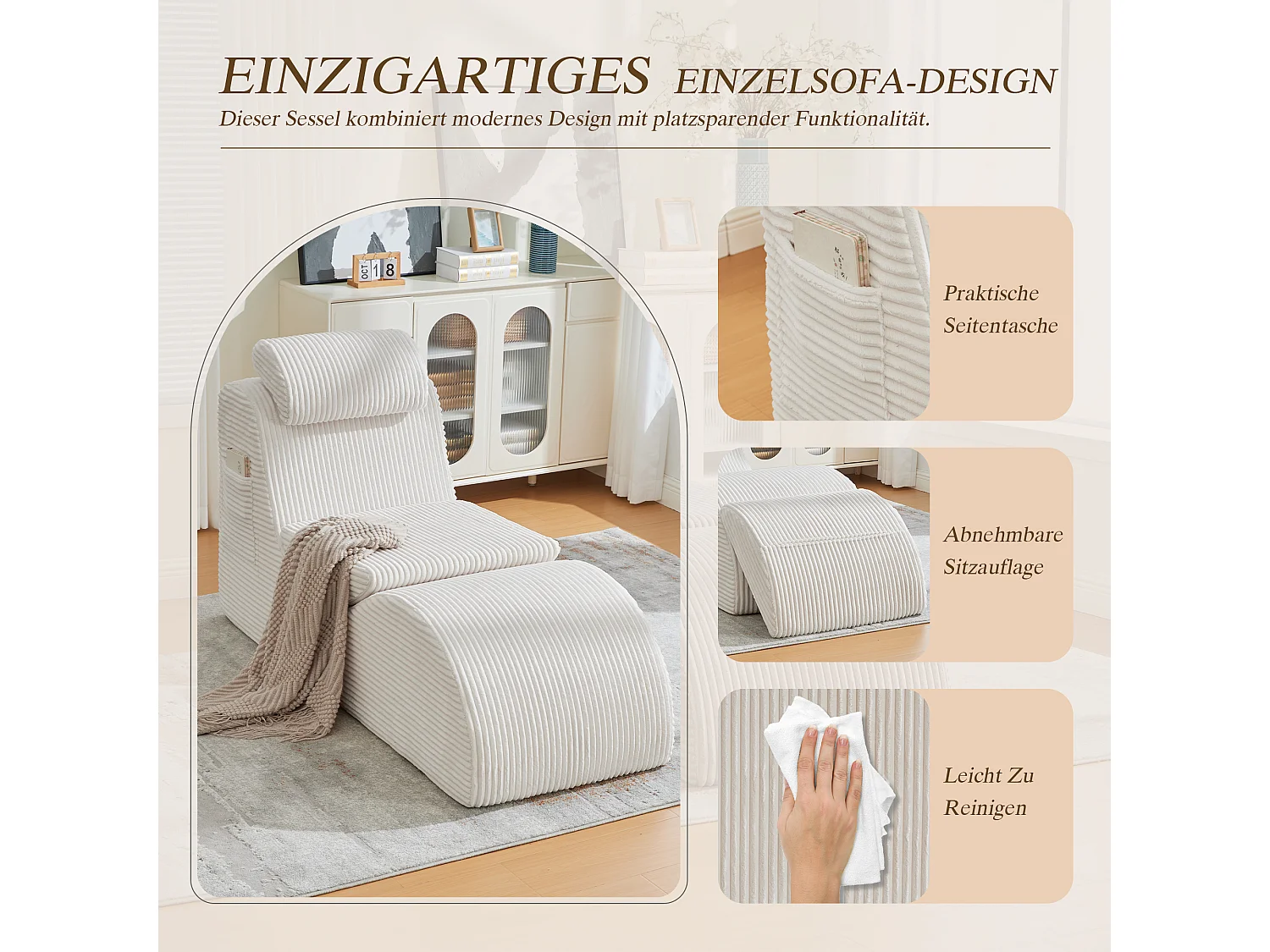 Canapé moderne au design unique et ergonomique - 160 x 66 x 90 cm - avec coussin d'assise amovible - velours - beige