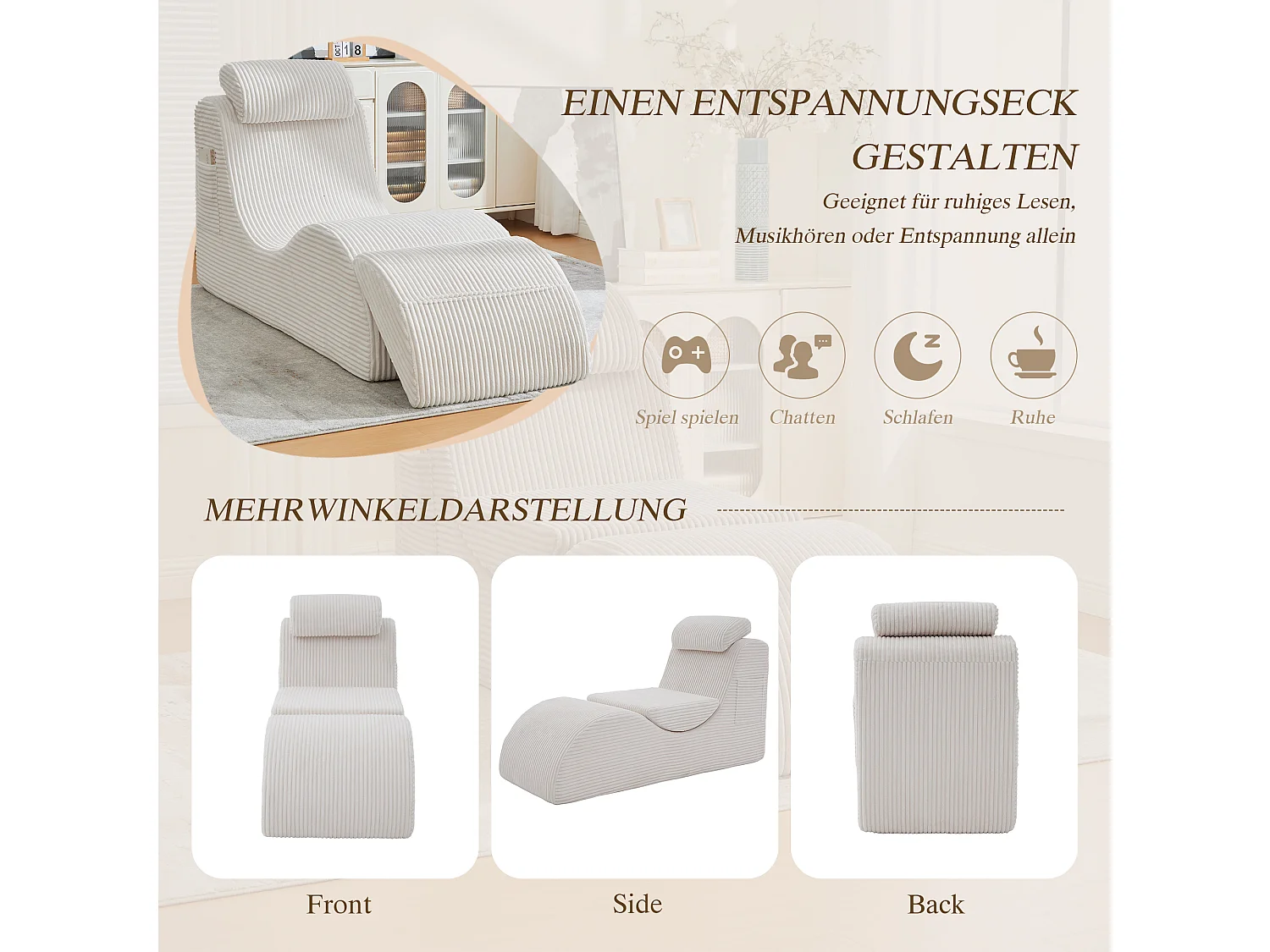 Canapé moderne au design unique et ergonomique - 160 x 66 x 90 cm - avec coussin d'assise amovible - velours - beige