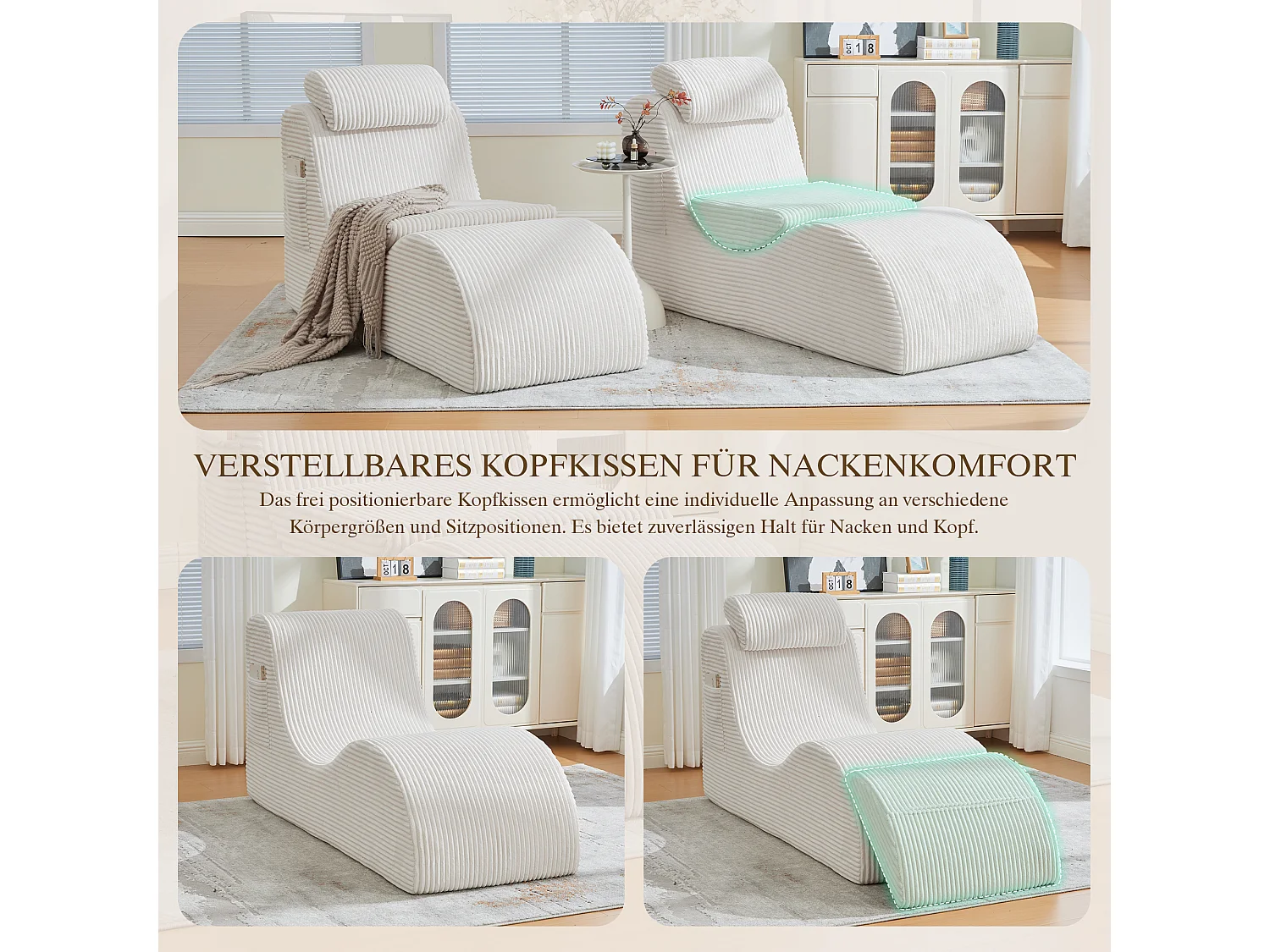 Canapé moderne au design unique et ergonomique - 160 x 66 x 90 cm - avec coussin d'assise amovible - velours - beige