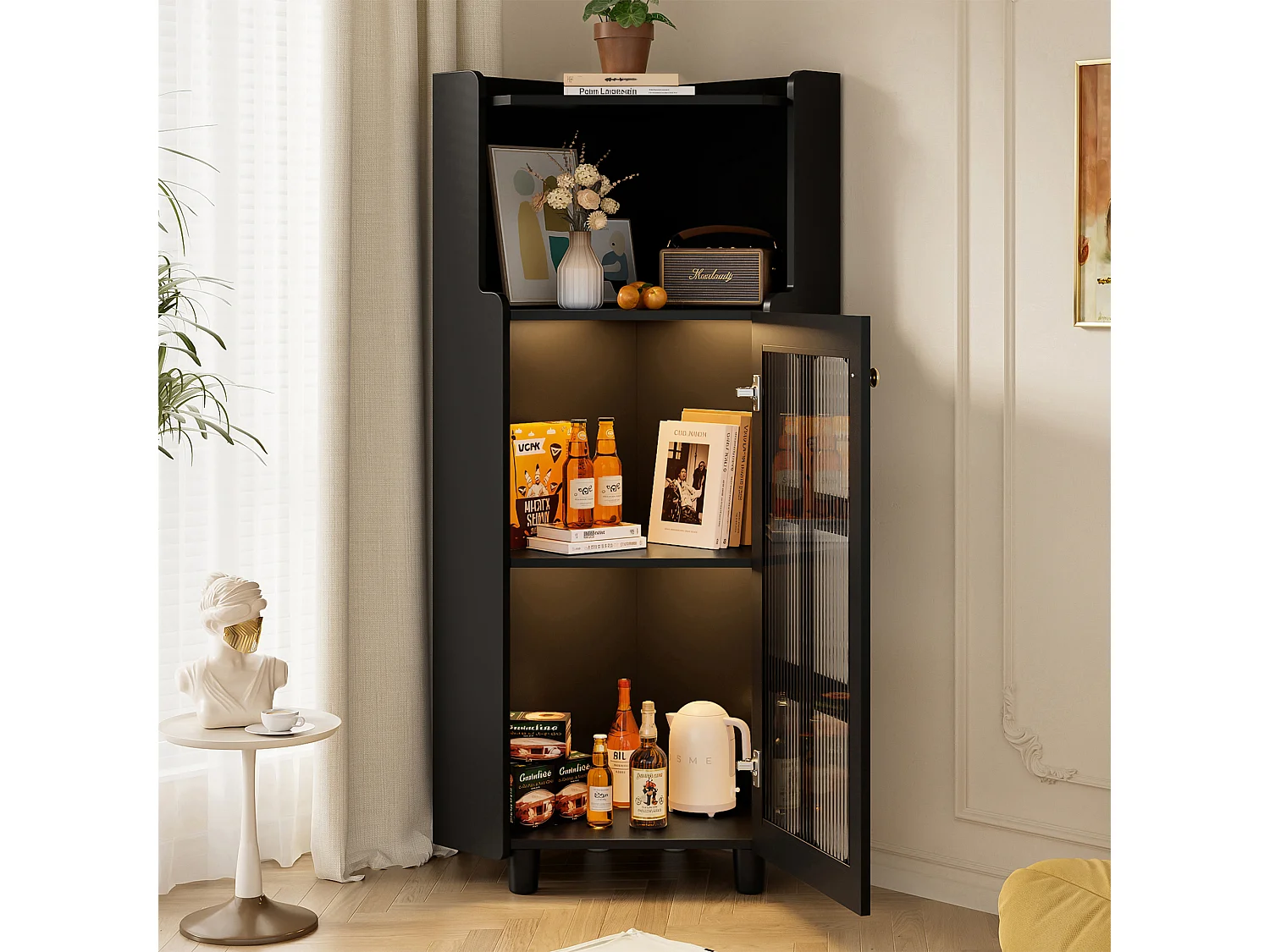 Vetrina angolare nera - Con illuminazione a LED e 2 ante in vetro