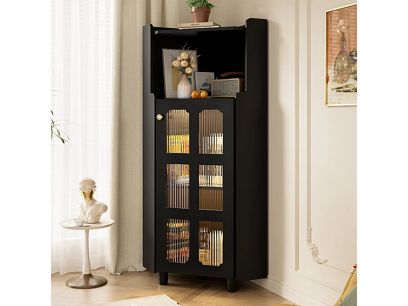 Vetrina angolare nera - Con illuminazione a LED e 2 ante in vetro