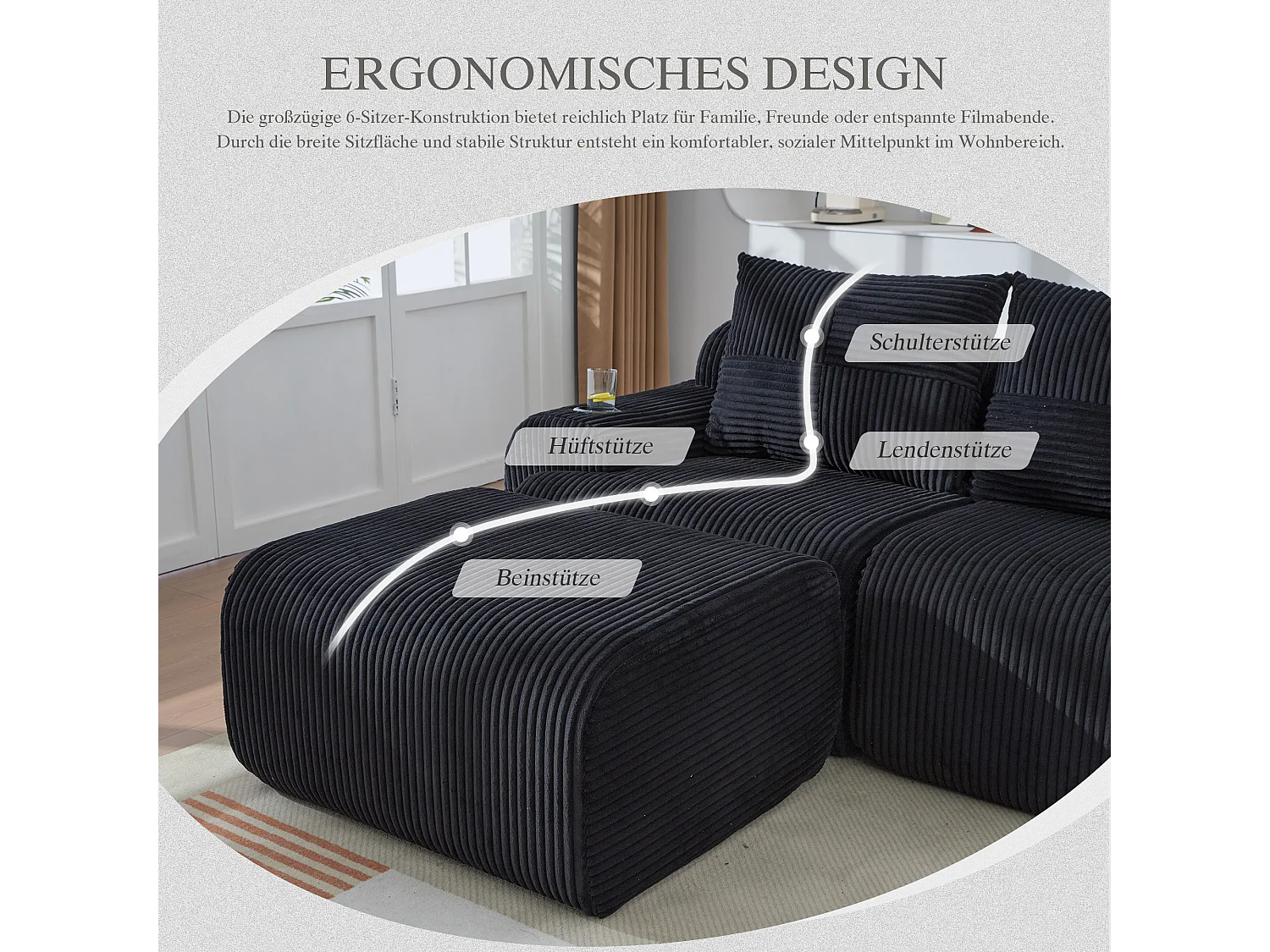 Canapé modulable 3 places - 268 x 174 x 80 cm - avec 1 poufs + porte-gobelets + poche de rangement - velours - noir
