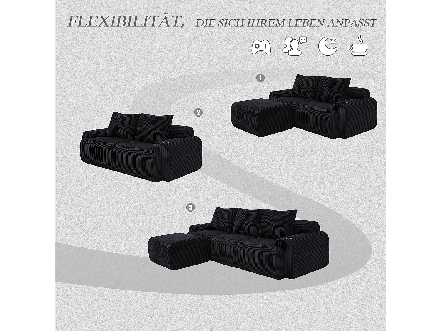 Canapé modulable 3 places - 268 x 174 x 80 cm - avec 1 poufs + porte-gobelets + poche de rangement - velours - noir