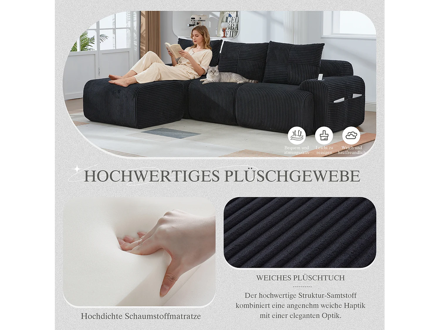 Canapé modulable 3 places - 268 x 174 x 80 cm - avec 1 poufs + porte-gobelets + poche de rangement - velours - noir