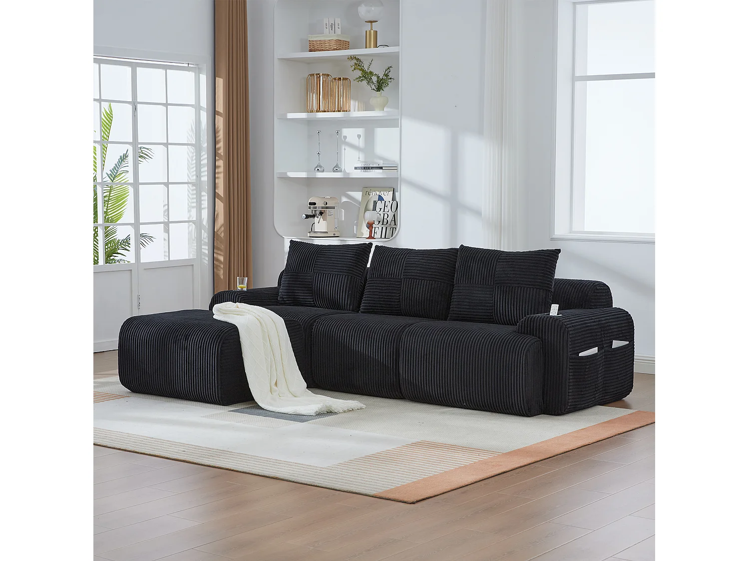 Canapé modulable 3 places - 268 x 174 x 80 cm - avec 1 poufs + porte-gobelets + poche de rangement - velours - noir