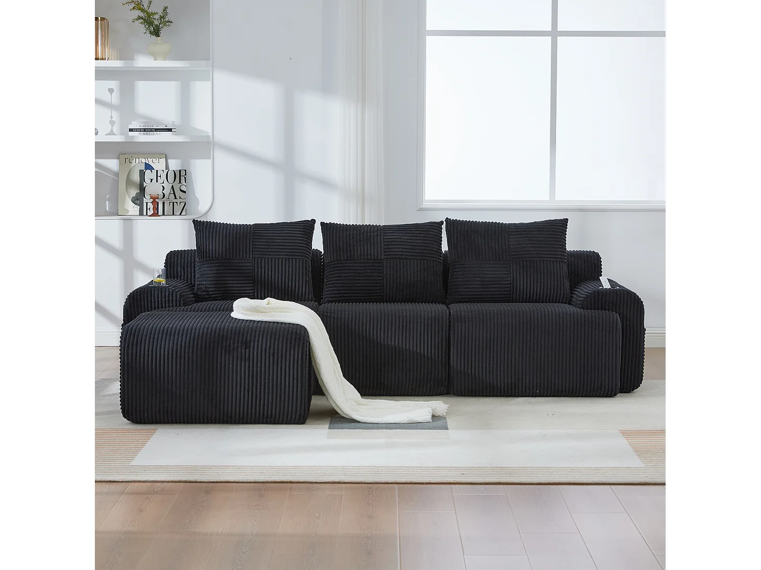 Canapé modulable 3 places - 268 x 174 x 80 cm - avec 1 poufs + porte-gobelets + poche de rangement - velours - noir