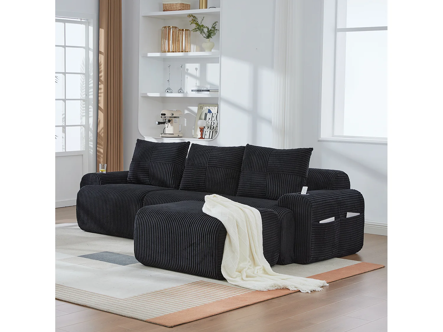 Canapé modulable 3 places - 268 x 174 x 80 cm - avec 1 poufs + porte-gobelets + poche de rangement - velours - noir