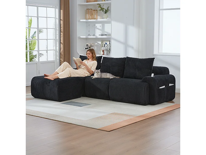 Canapé modulable 3 places - 268 x 174 x 80 cm - avec 1 poufs + porte-gobelets + poche de rangement - velours - noir