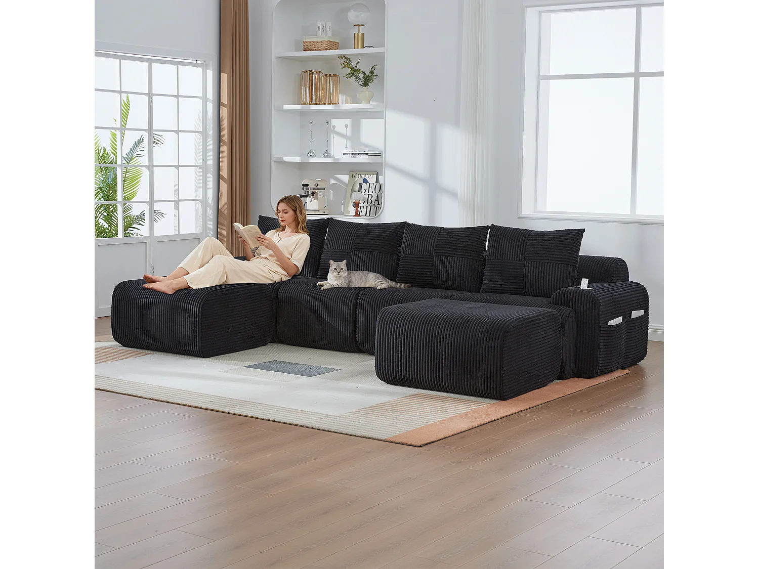 Canapé modulable 4 places - 333 x 174 x 80 cm - avec 2 poufs + porte-gobelets + poche de rangement - velours - noir