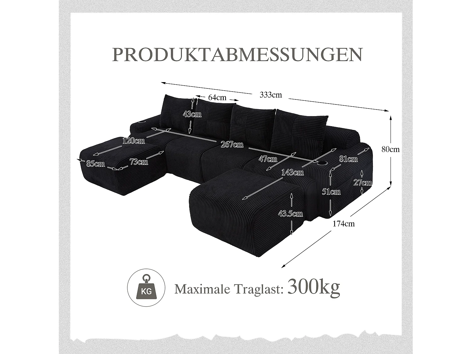 Canapé modulable 4 places - 333 x 174 x 80 cm - avec 2 poufs + porte-gobelets + poche de rangement - velours - noir