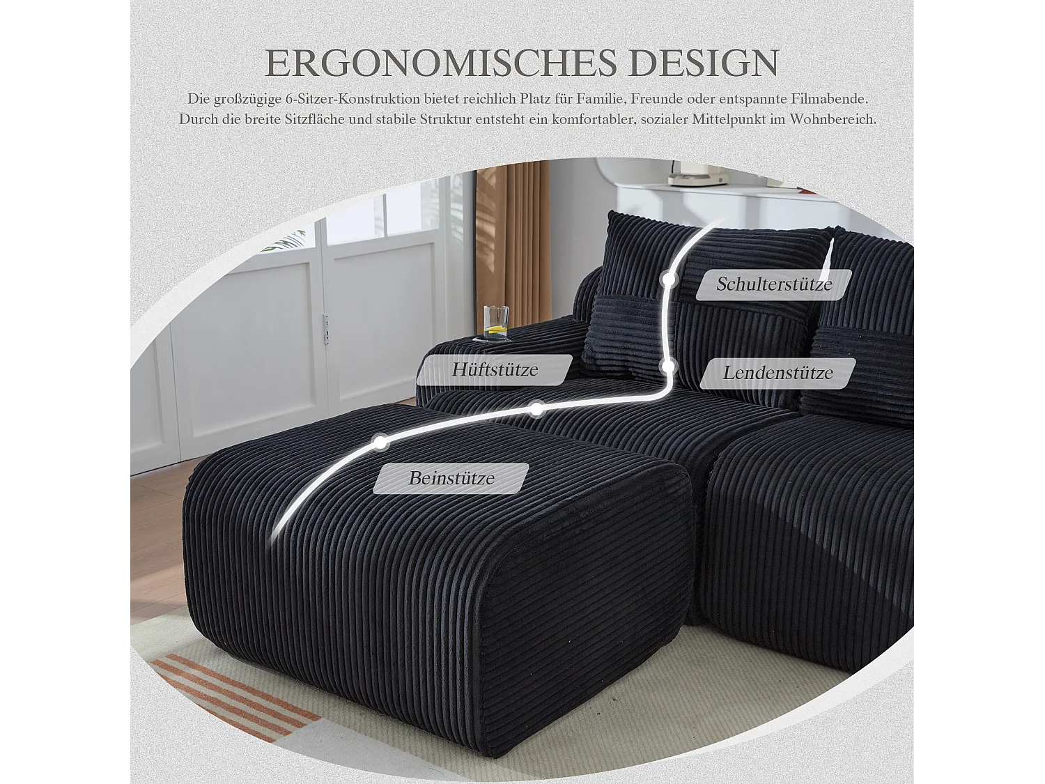 Canapé modulable 4 places - 333 x 174 x 80 cm - avec 2 poufs + porte-gobelets + poche de rangement - velours - noir