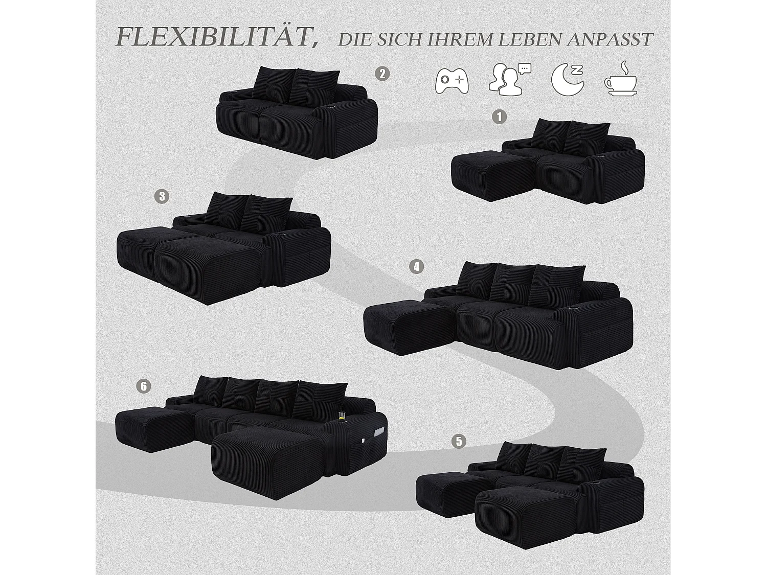 Canapé modulable 4 places - 333 x 174 x 80 cm - avec 2 poufs + porte-gobelets + poche de rangement - velours - noir