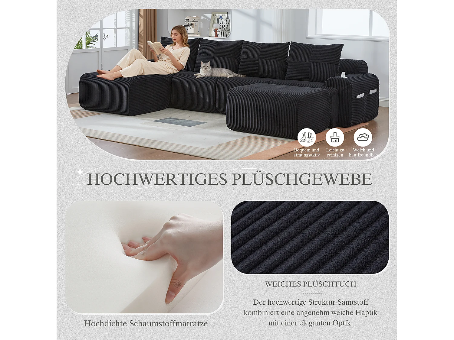 Canapé modulable 4 places - 333 x 174 x 80 cm - avec 2 poufs + porte-gobelets + poche de rangement - velours - noir