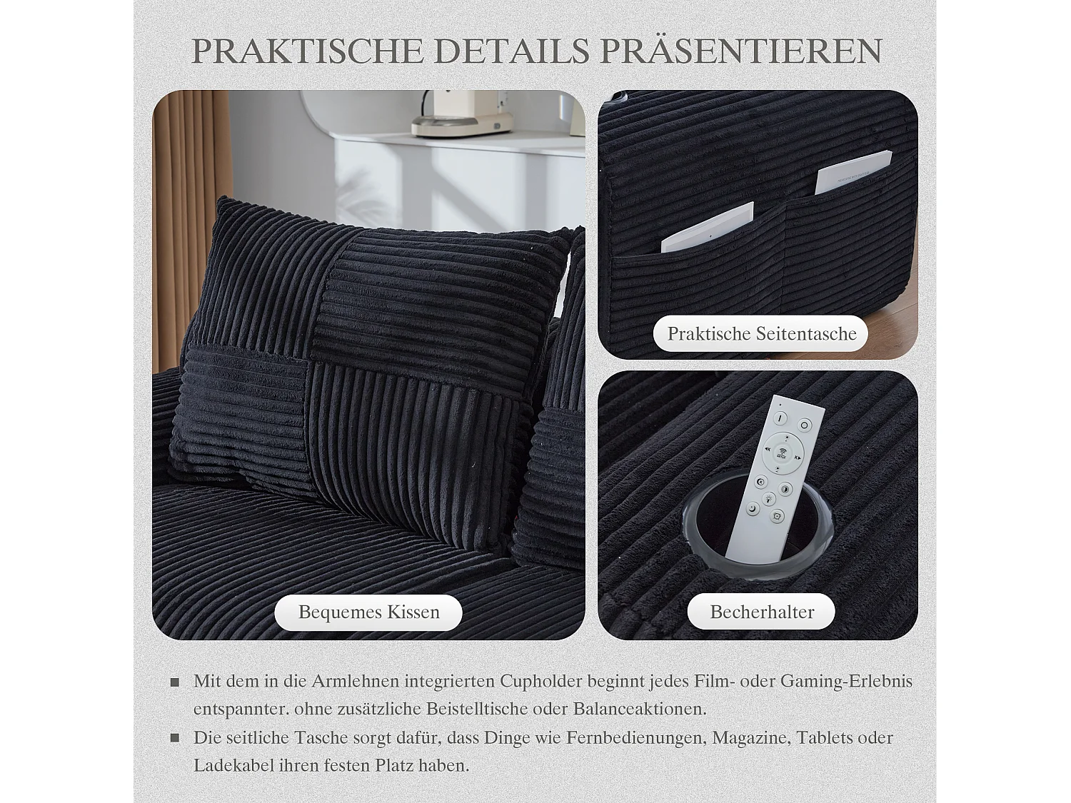 Canapé modulable 4 places - 333 x 174 x 80 cm - avec 2 poufs + porte-gobelets + poche de rangement - velours - noir